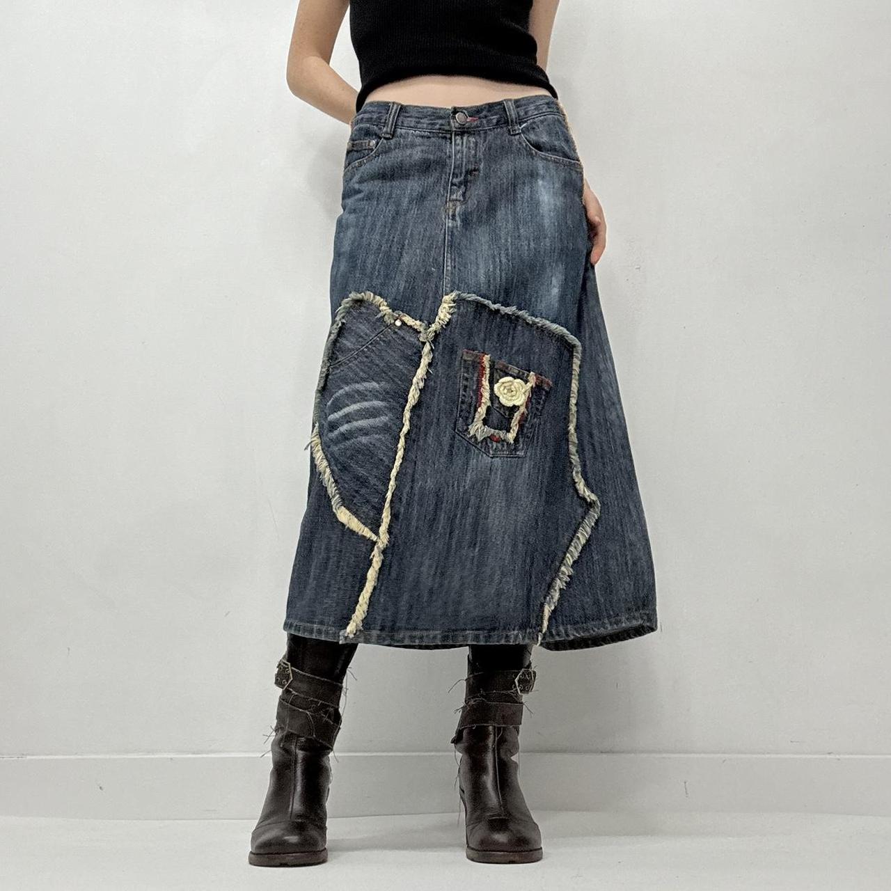 Contrast denim distressed crochet skirt