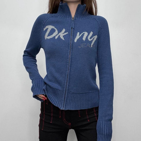 Blue zip up knit cardigan
