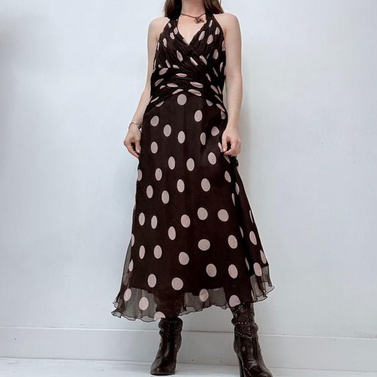 Brown silk polkadot halter dress