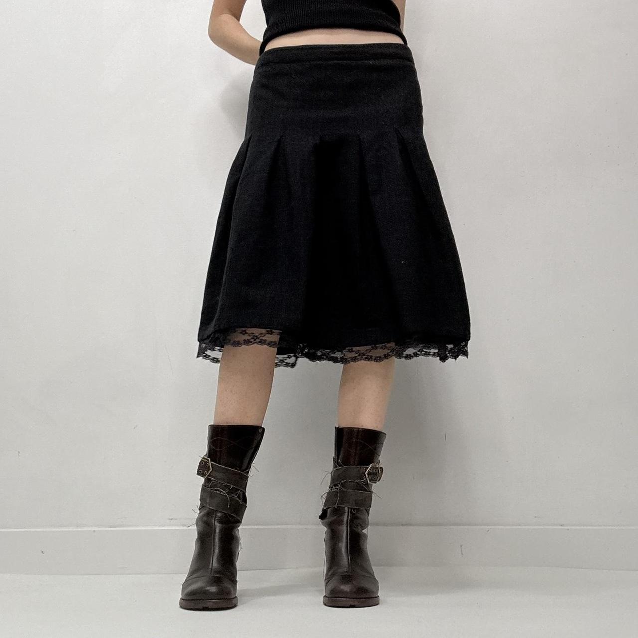Pinstripe pleated lace midi skirt