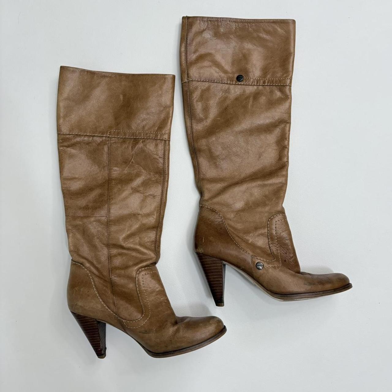 Tan leather pointed toe heel boots