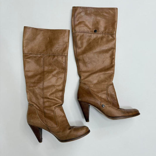 Tan leather pointed toe heel boots