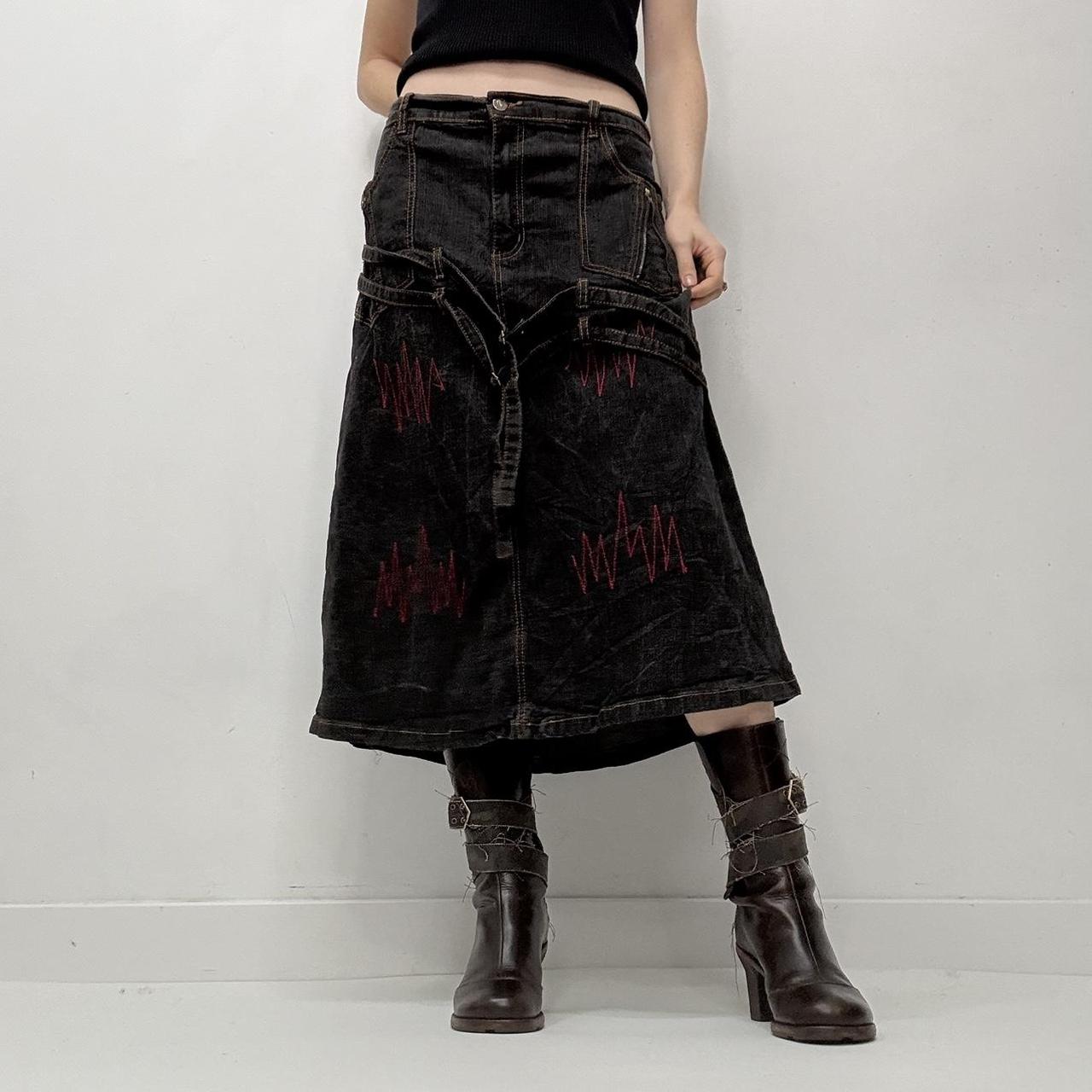 Distressed denim grunge midi skirt