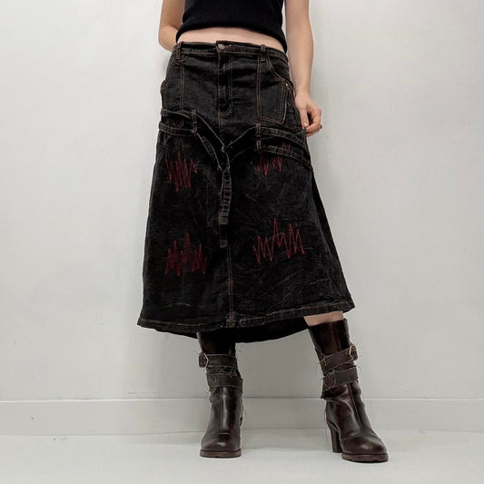 Distressed denim grunge midi skirt