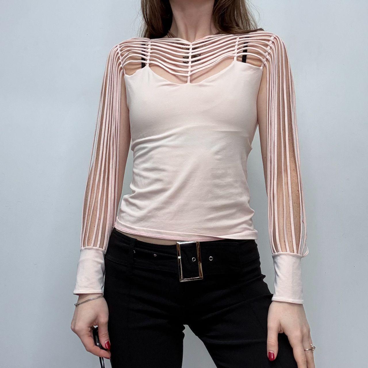 Pastel pink cut-out sleeve flared shirt