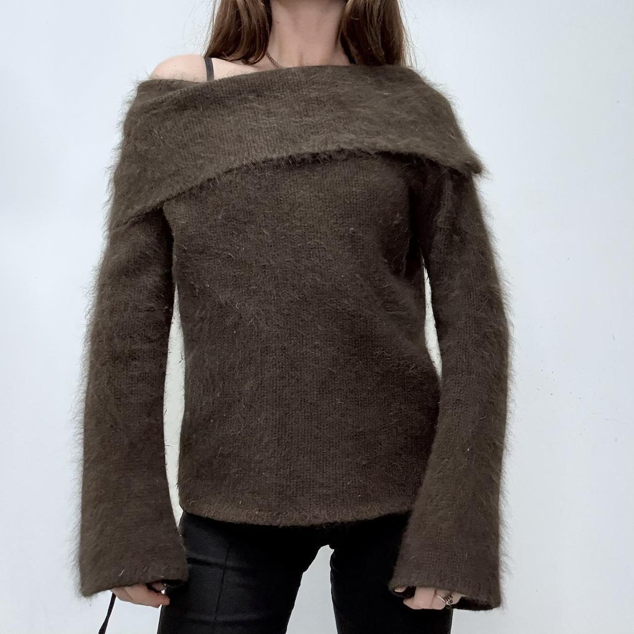 Brown asymmetric slouchy fold over neck flared jumper