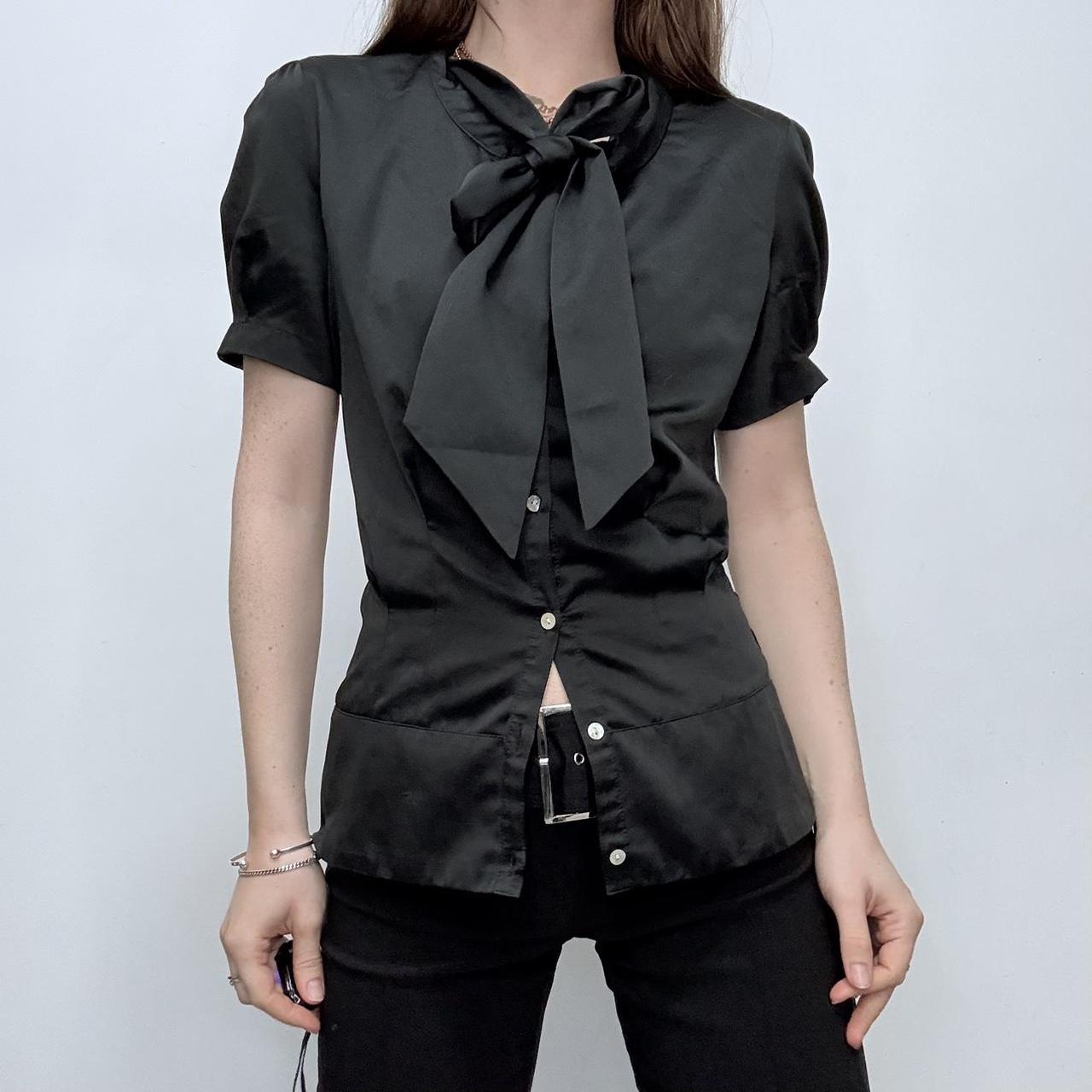 Black satin fitted bow shirt