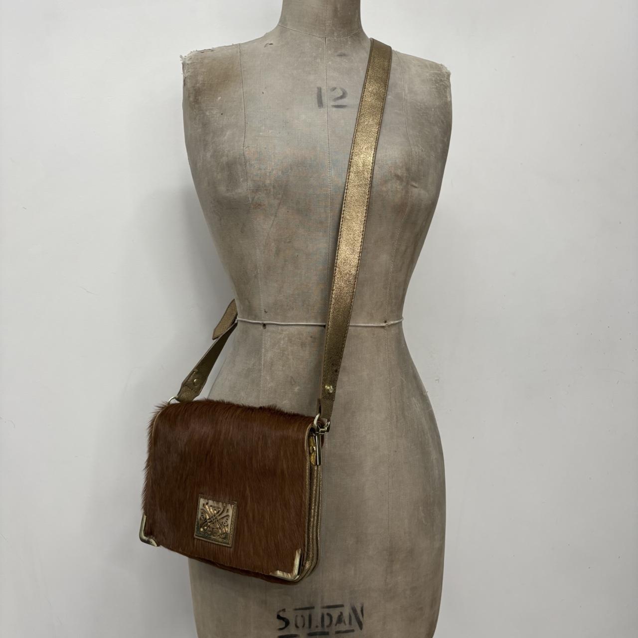 Tan pony hair cow hide cross body bag