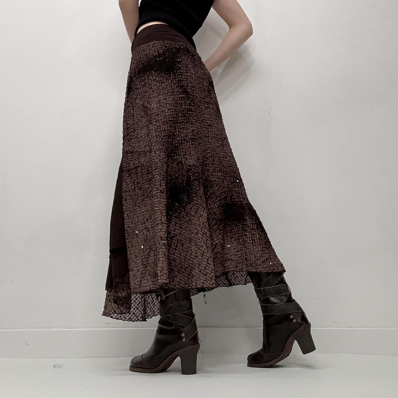 Brown distressed textured layered maxi skirt