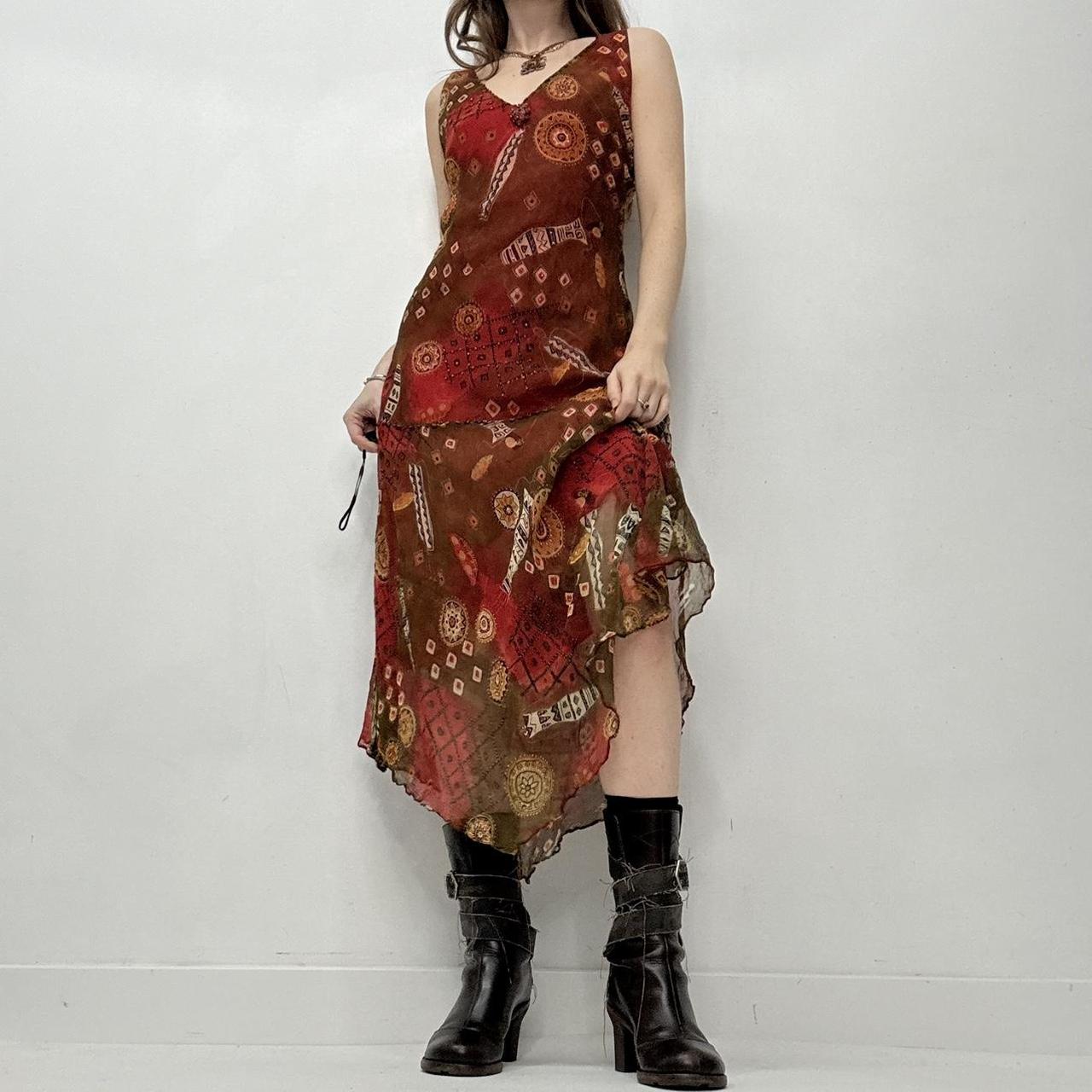 Sheer red boho bias cut maxi dress