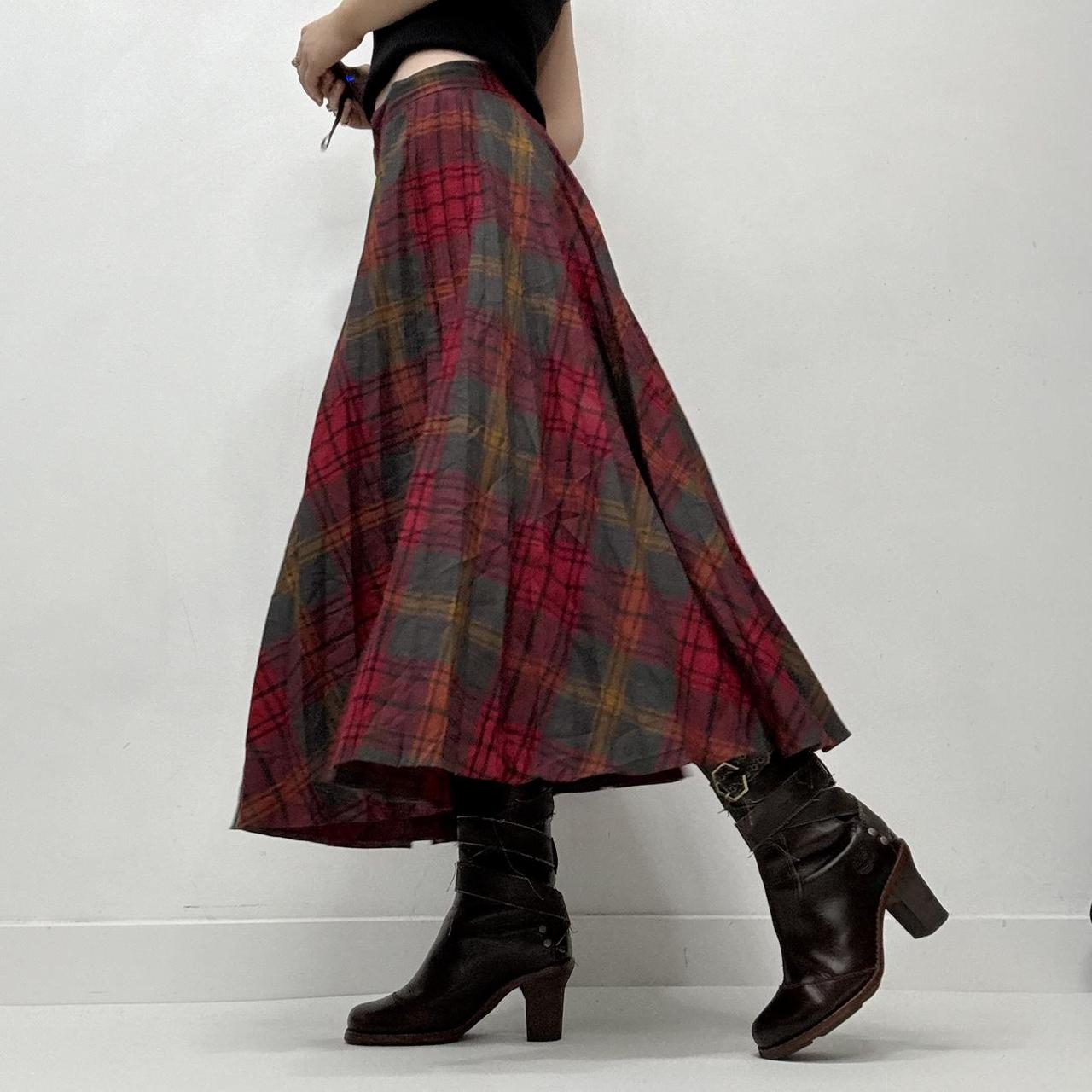 Red pleated tartan maxi skirt