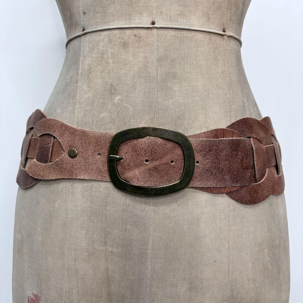 Brown leather chunky woven belt