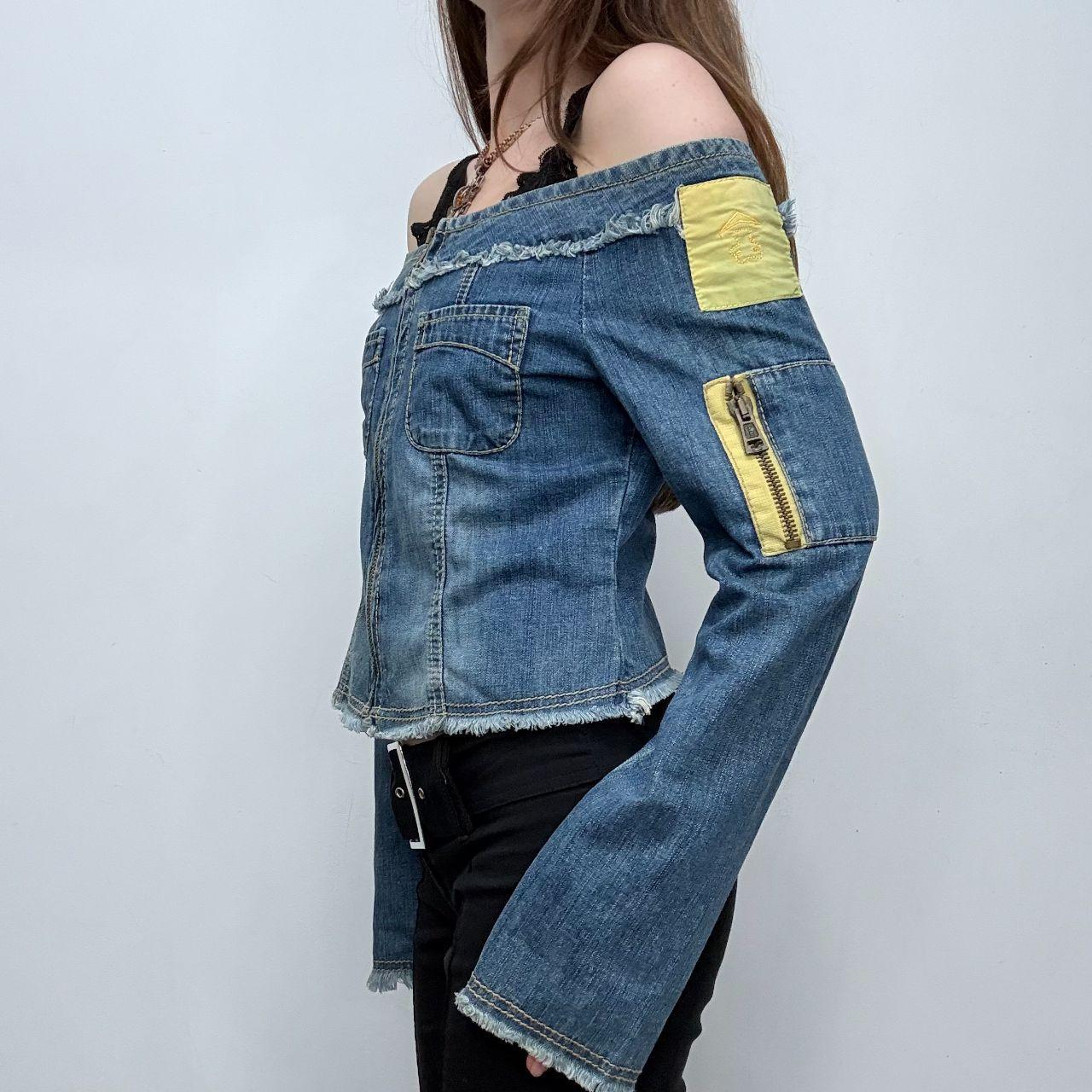 Distressed denim off the shoulder utility jacket