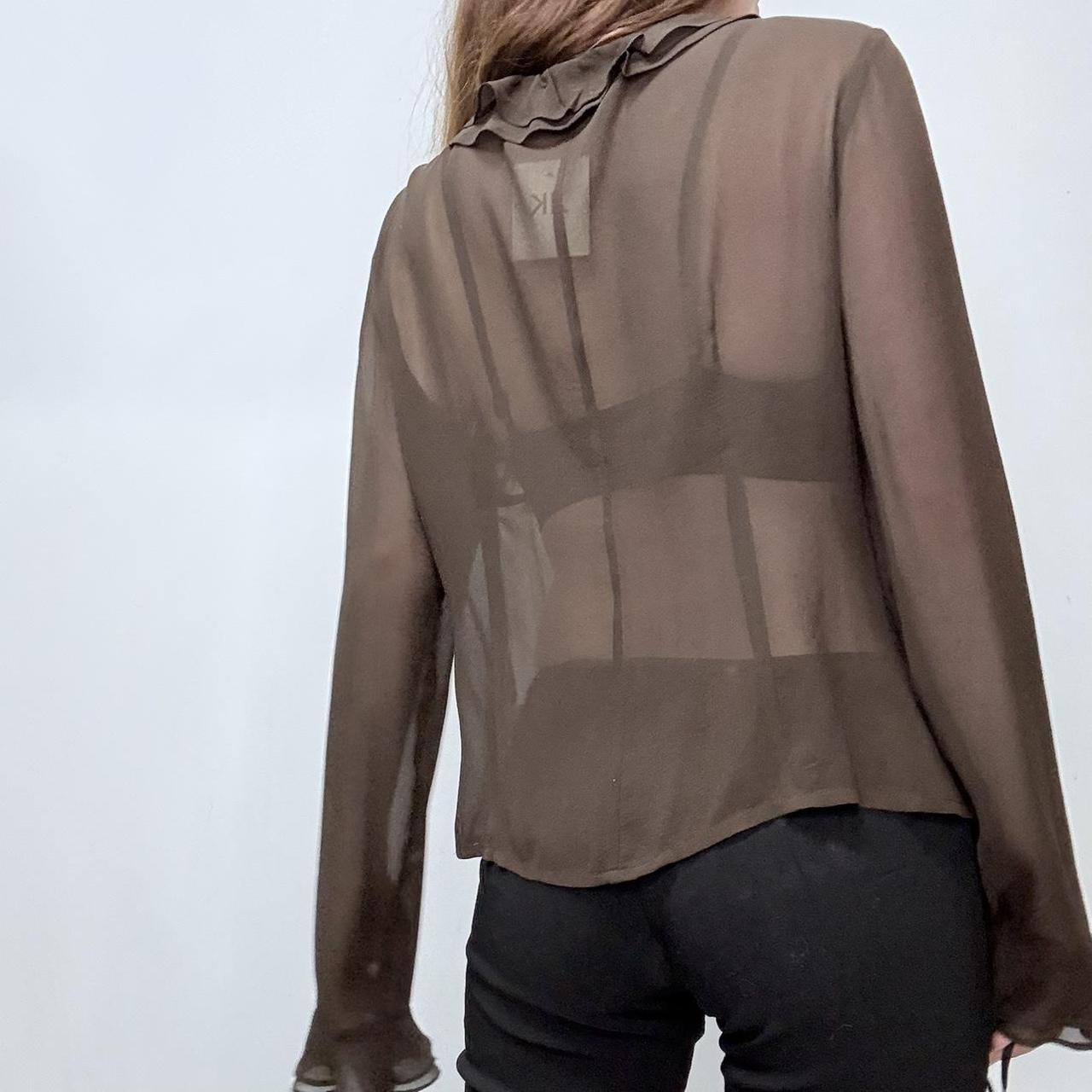 Sheer brown silky gathered ruffle shirt