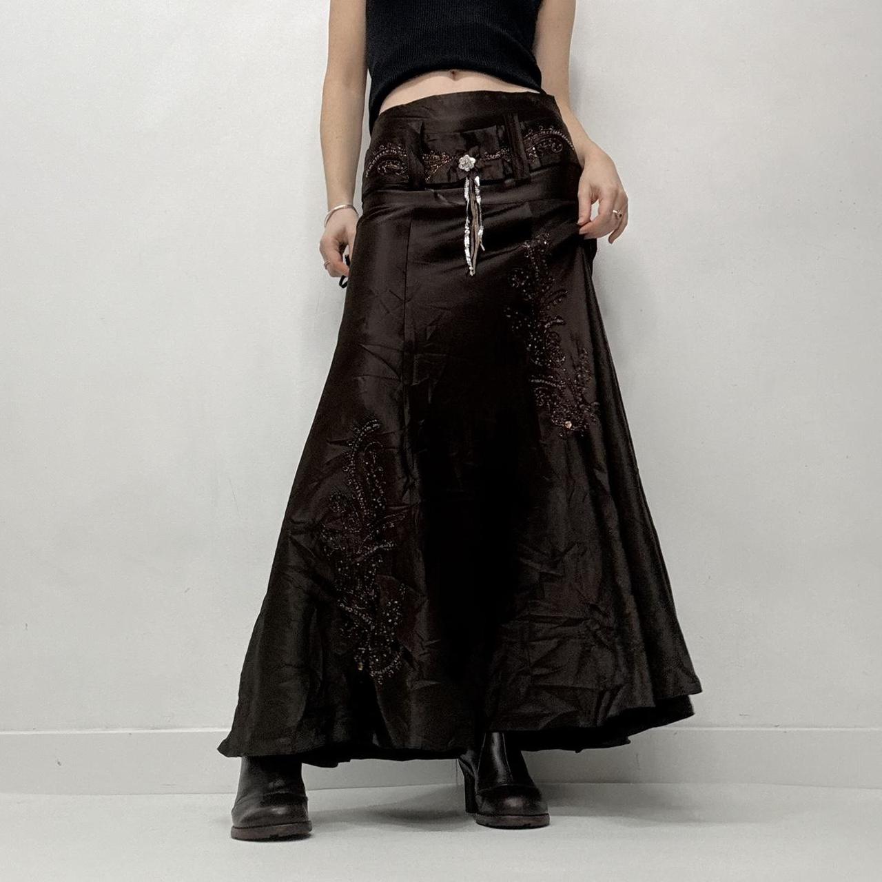 Brown flared satin maxi skirt