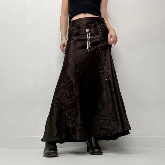 Brown flared satin maxi skirt