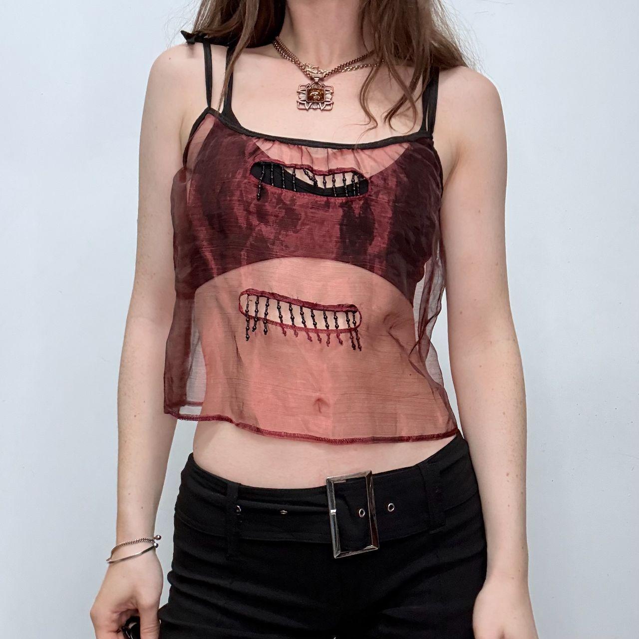 Sheer red beaded tassel fray vest