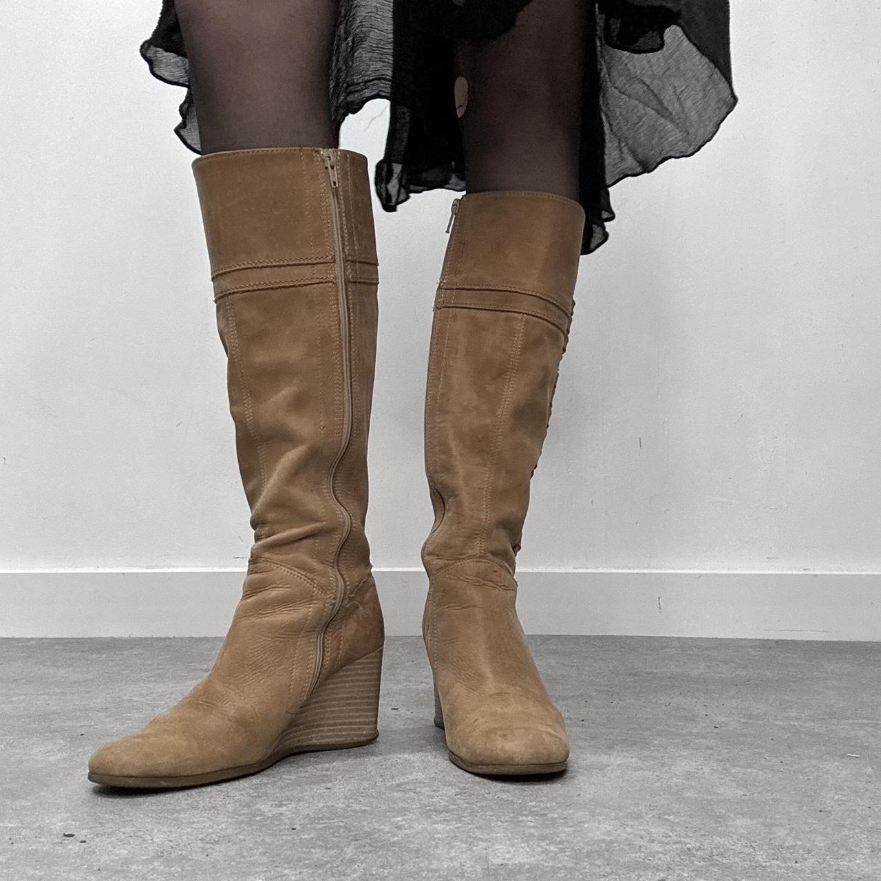 Wedge heel tan leather boots