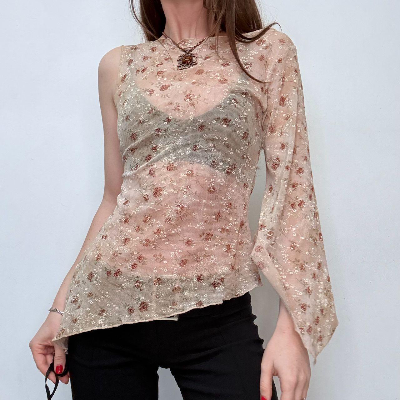 Asymmetric sheer flutter floral top