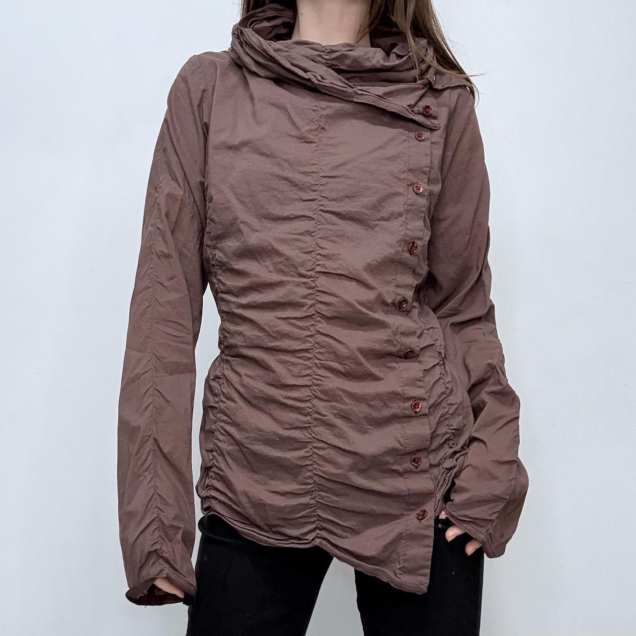 Brown asymmetric gathered cotton shirt