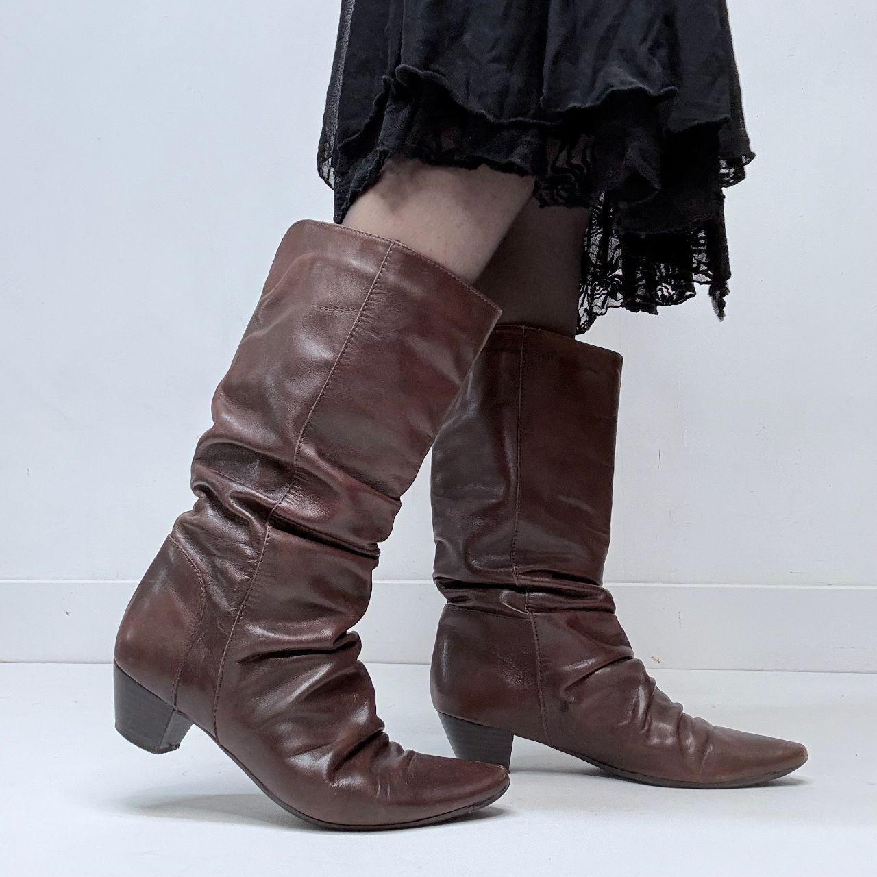 Brown leather gathered cowgirl boots