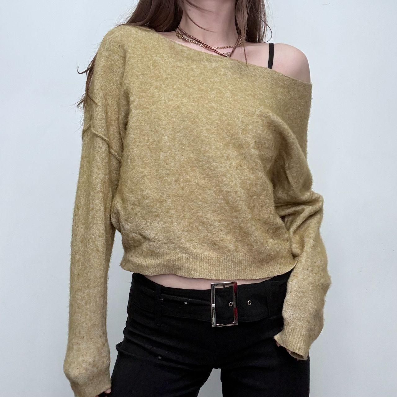 Green off the shoulder slash neck wool jumper