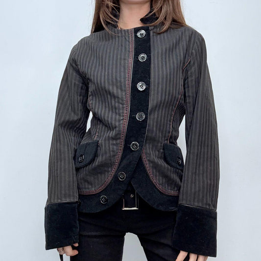 Asymmetric pinstripe flared jacket