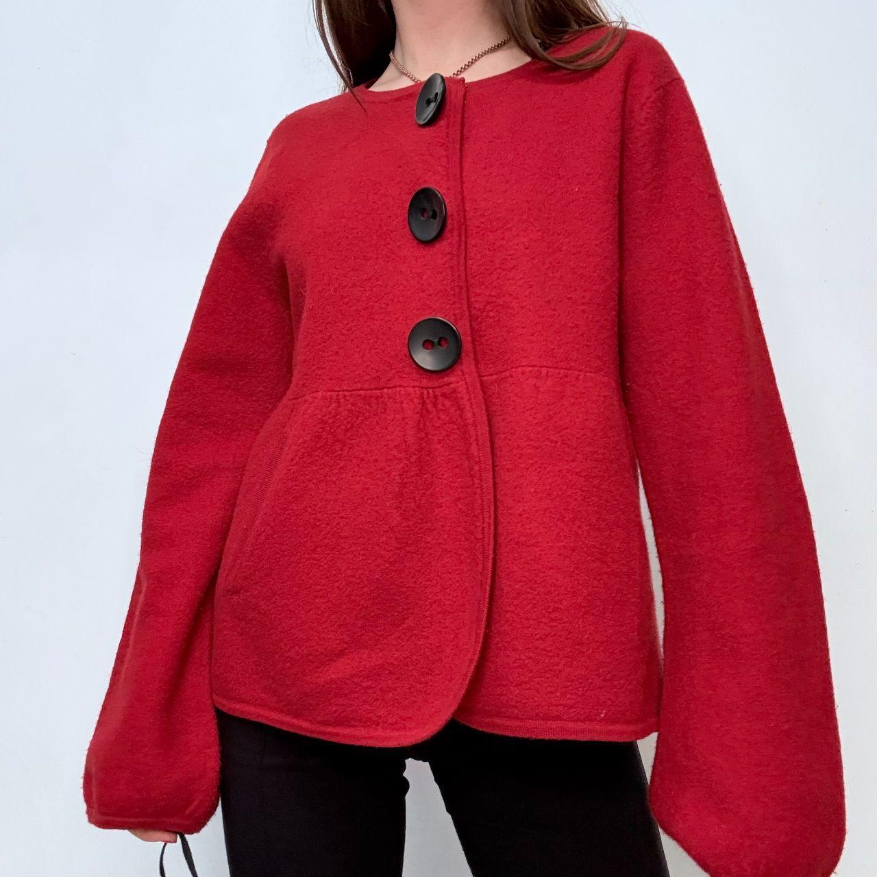 Red flared oversized button puff peacoat cardi