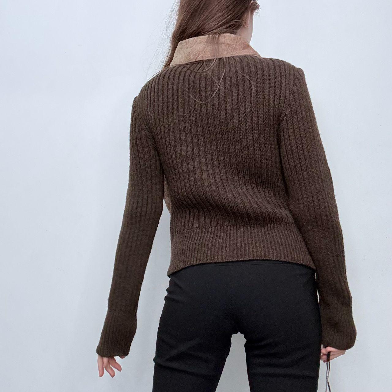 Brown suede hide ribbed knit jacket
