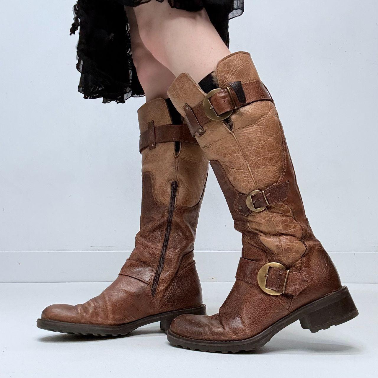Brown leather biker boots