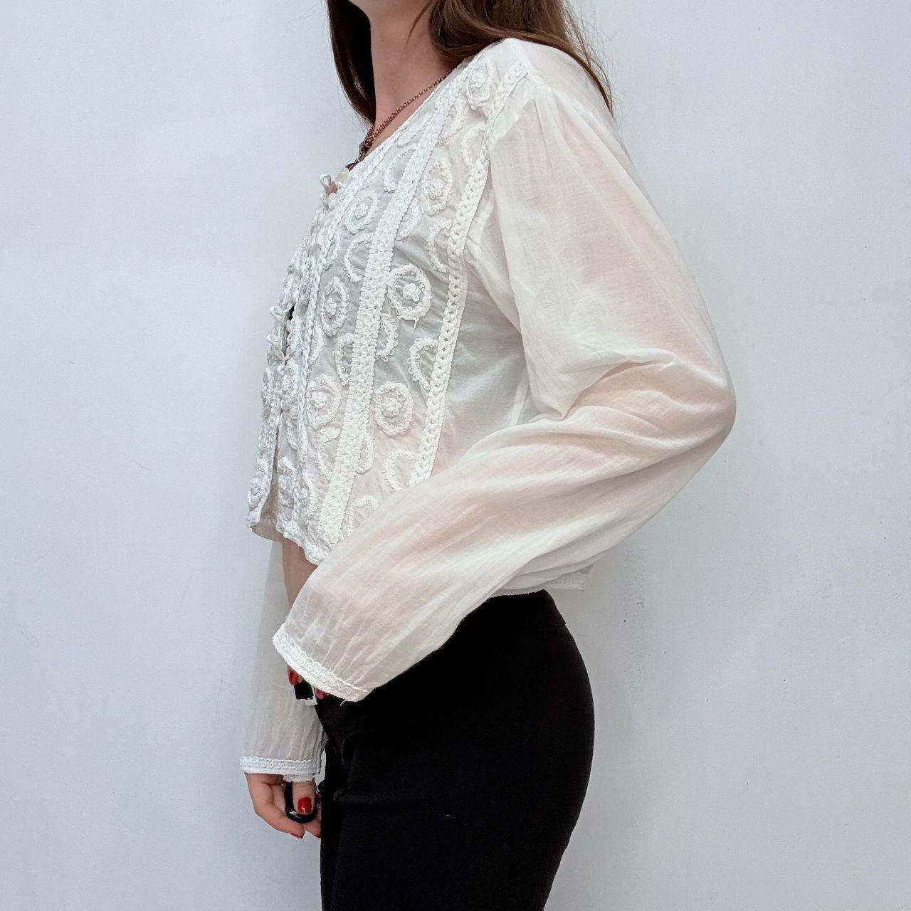 Sheer white embroidered cropped button shirt