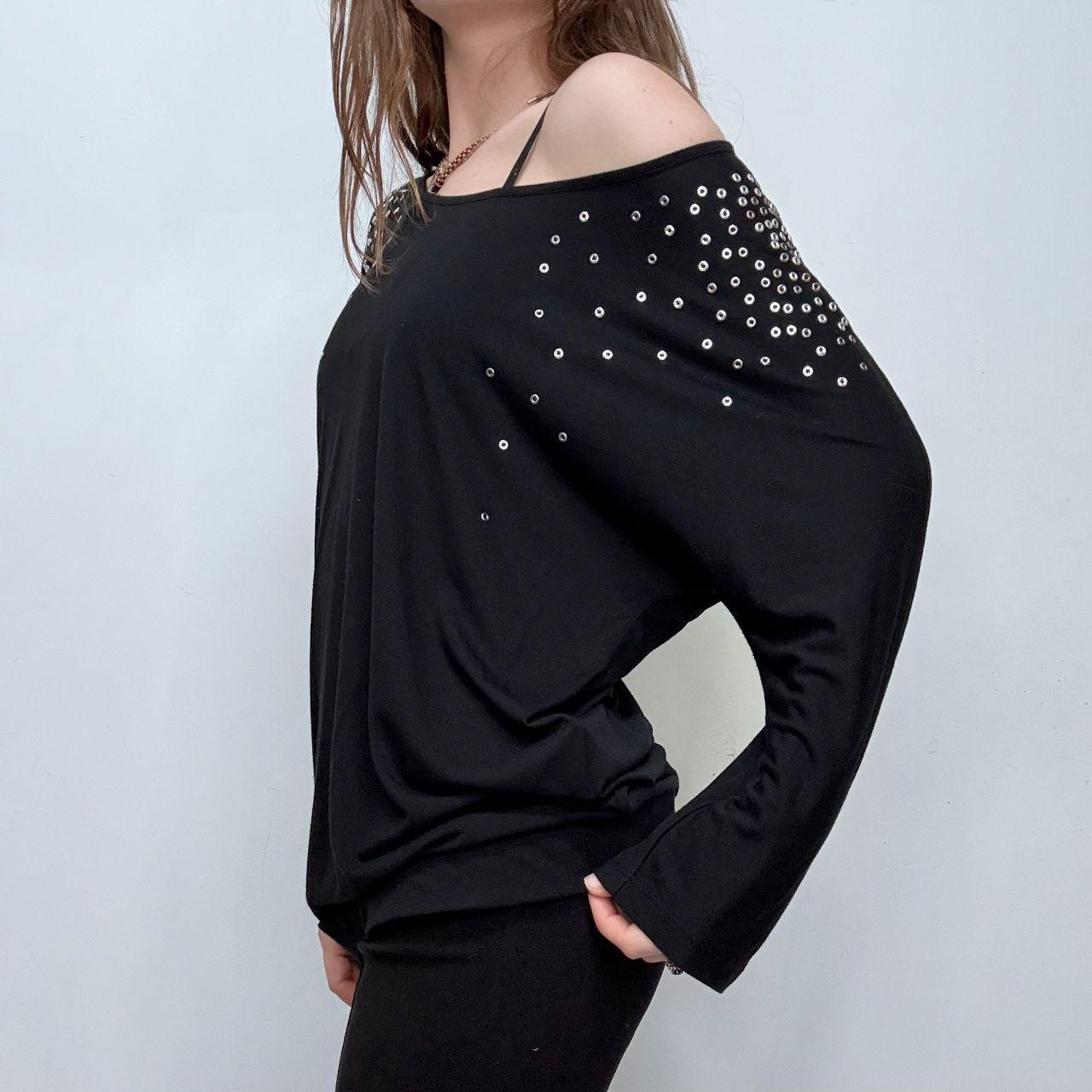 Black slouchy studded eyelet top