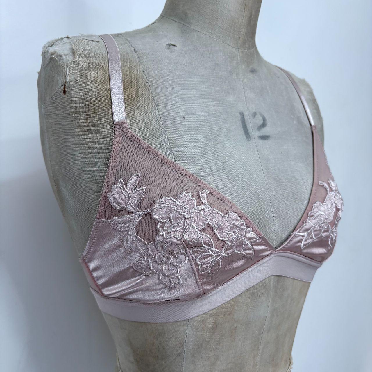 Pink satin floral lace bra