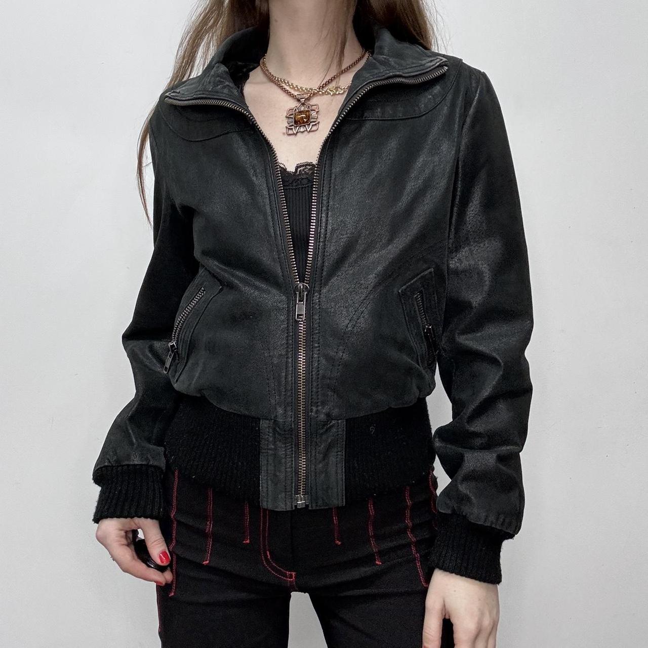Black leather cropped bomber jacket