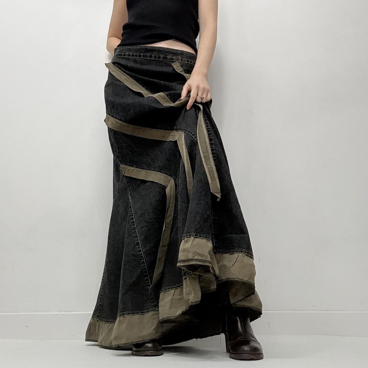Dark denim ruffle maxi skirt