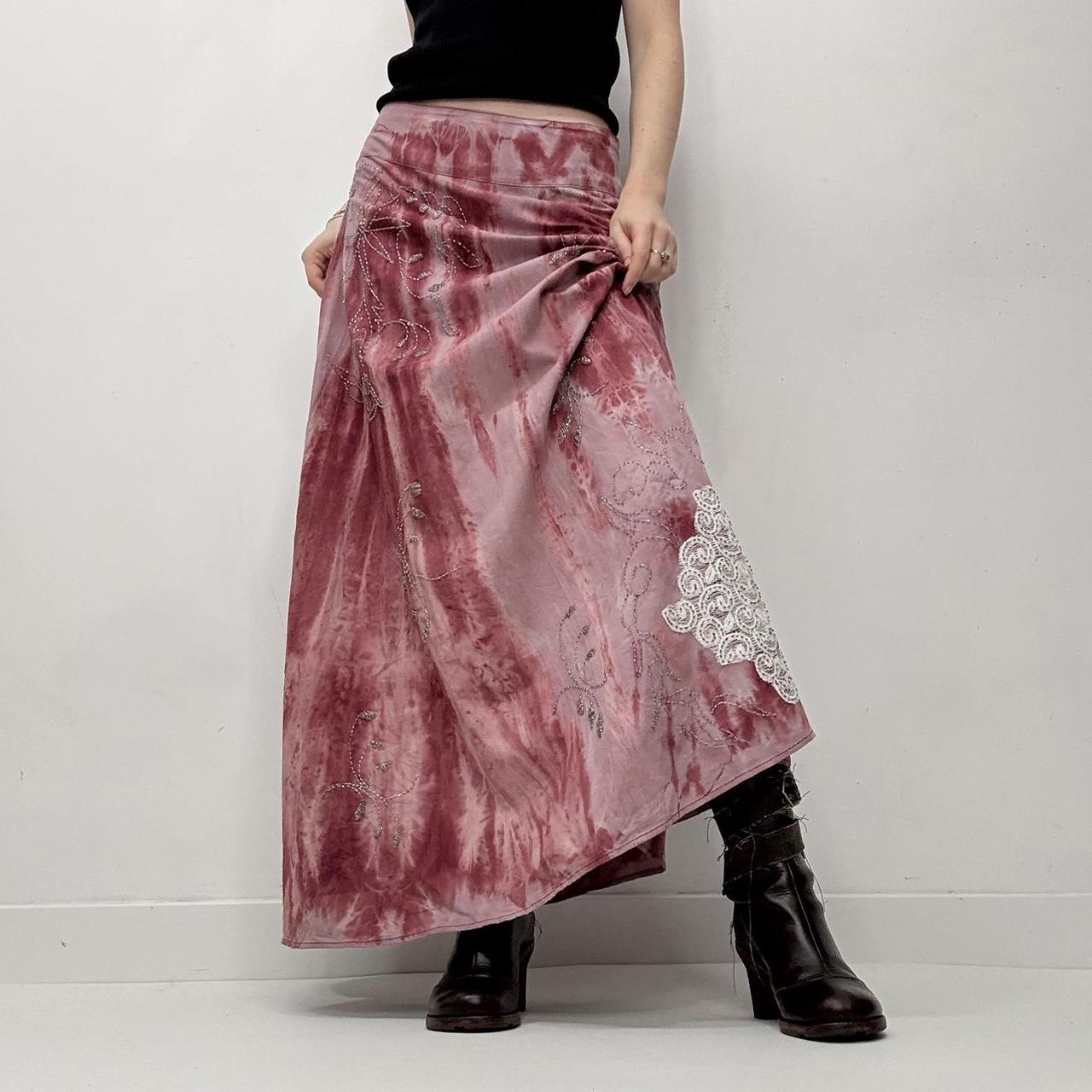 Pink distressed boho maxi skirt