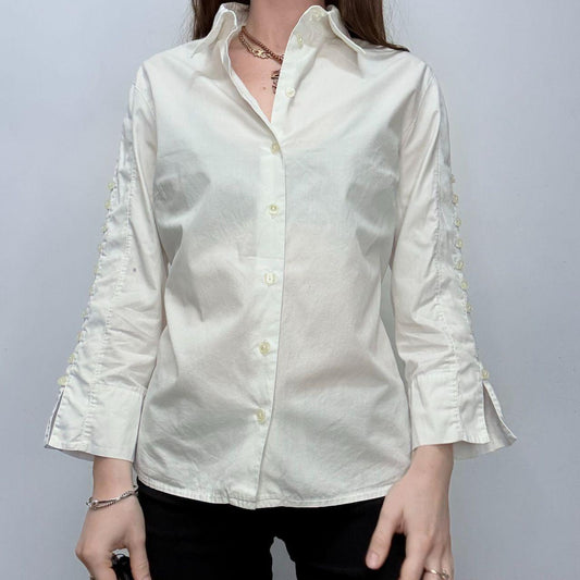 White flared button up shirt