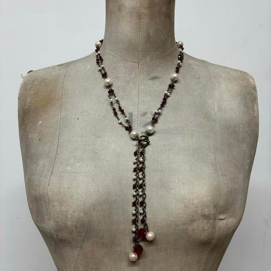 Layered chain pearl charm necklace