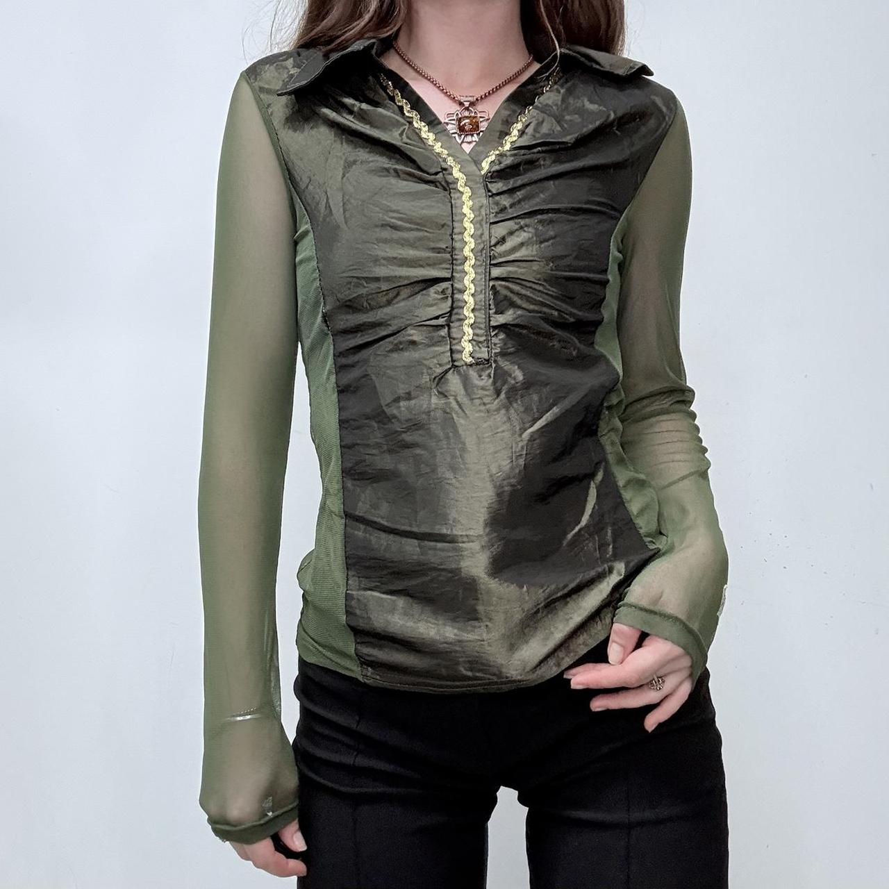Khaki green gathered mesh shirt