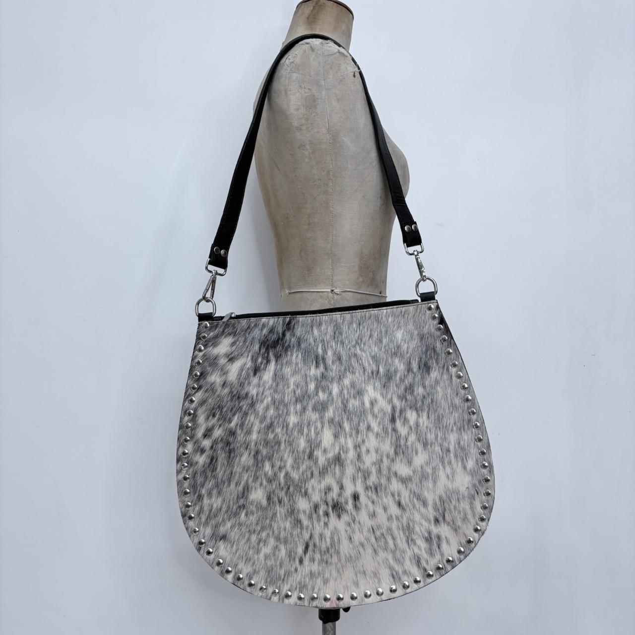Pony hide studded cow shoulder bag