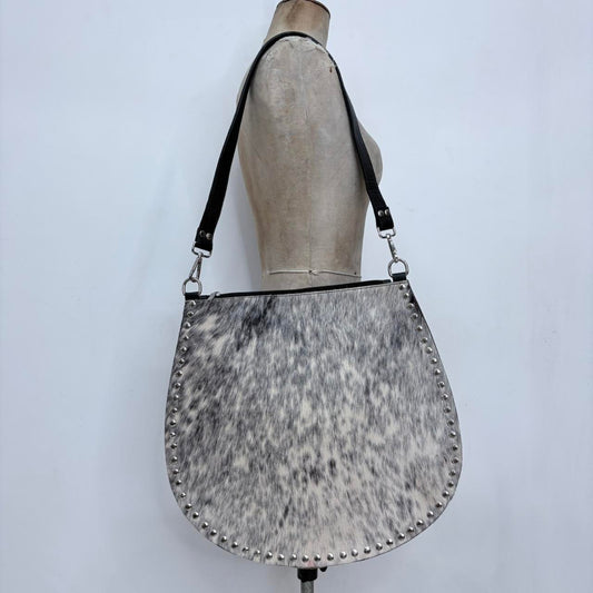 Pony hide studded cow shoulder bag