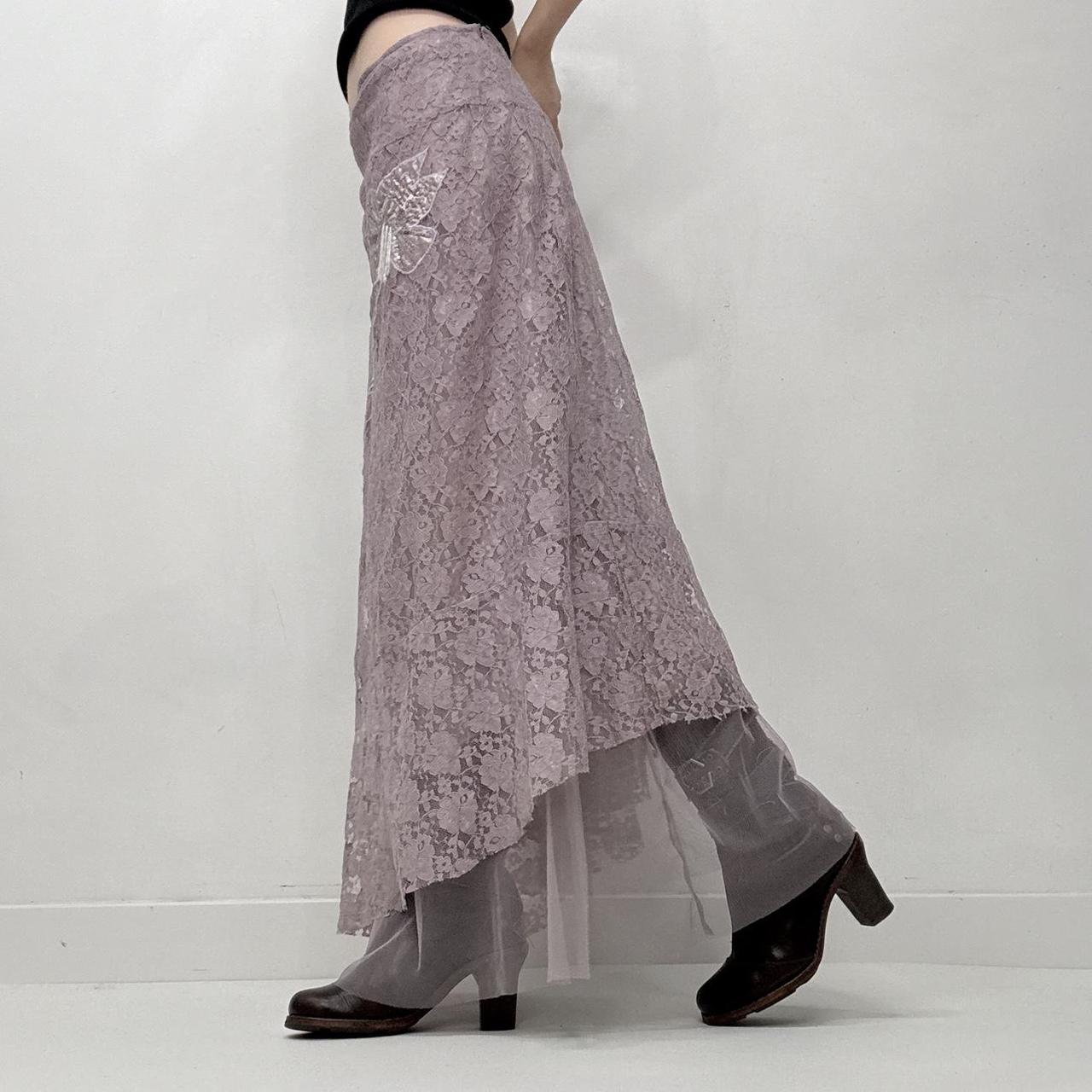 Lilac lace sheer asymmetric maxi skirt
