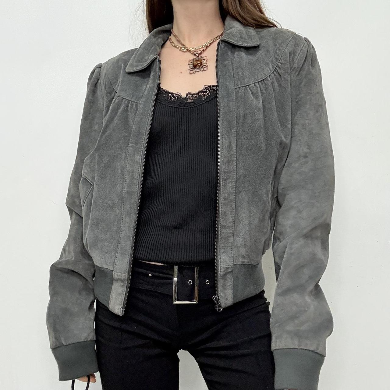 Grey suede cropped puff bomber jacket