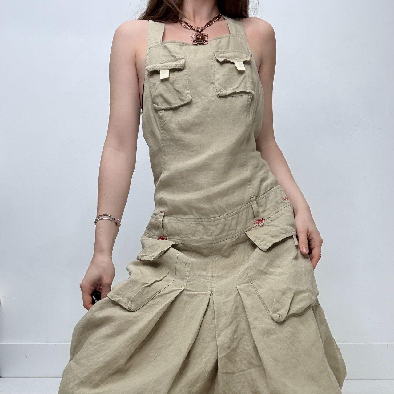 Tan linen pleated cargo dress