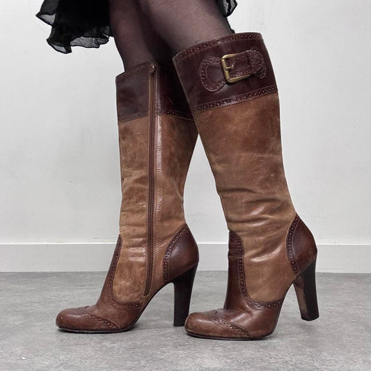 Brown leather brogue heel boots