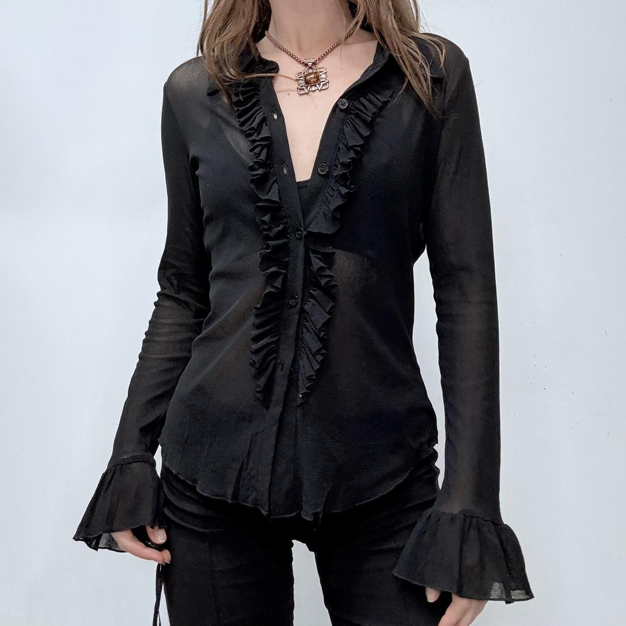 Black sheer flared ruffle shirt