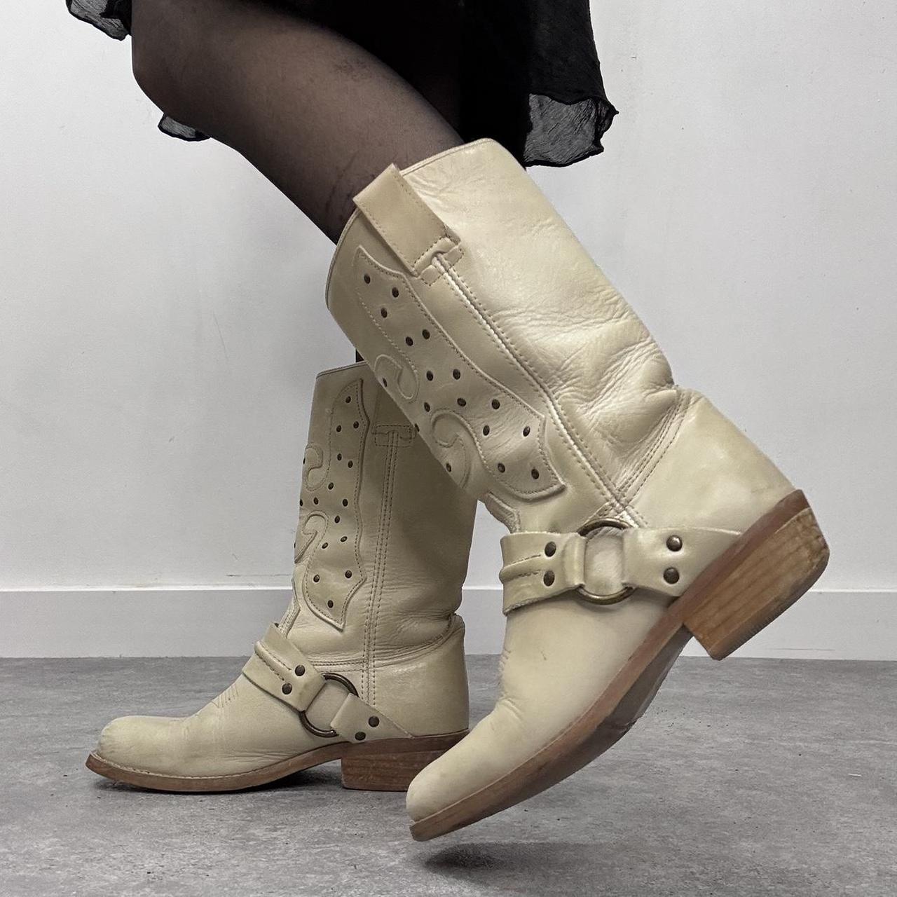 Cream leather chunky cowboy boots