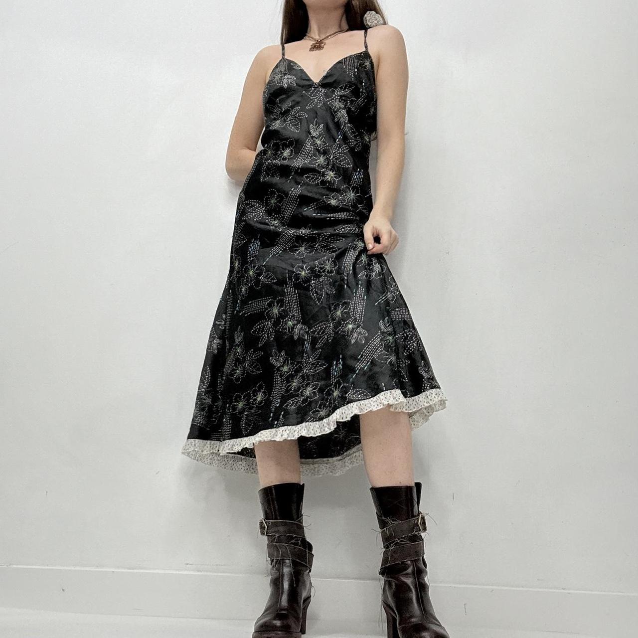 Black floral satin slip midi dress