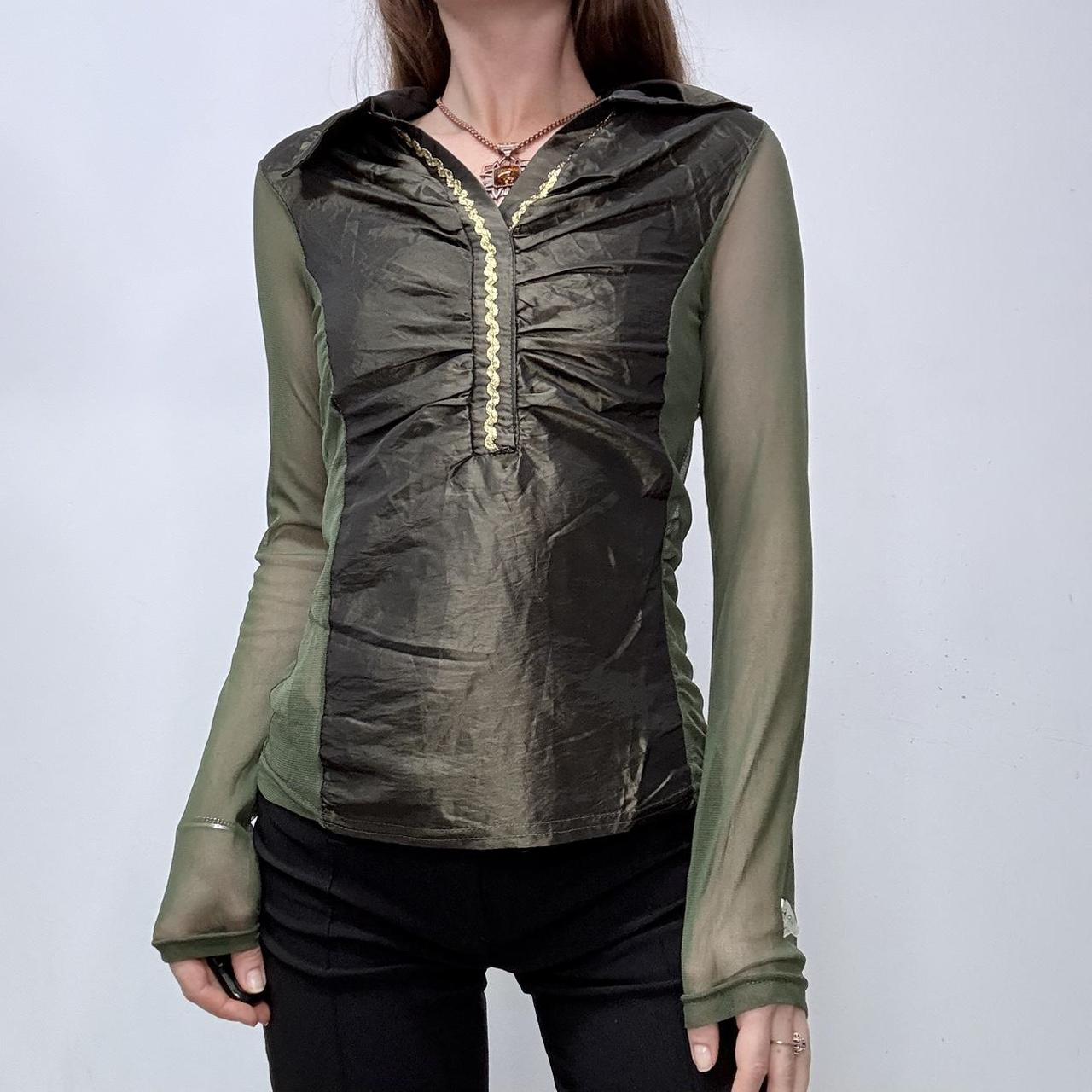 Khaki green gathered mesh shirt