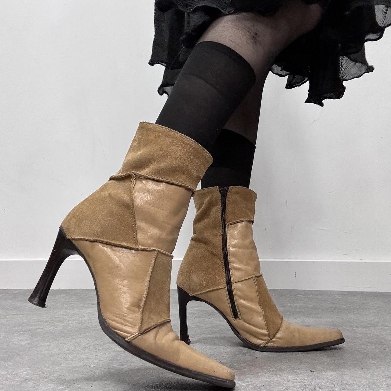Tan leather pointed suede boots